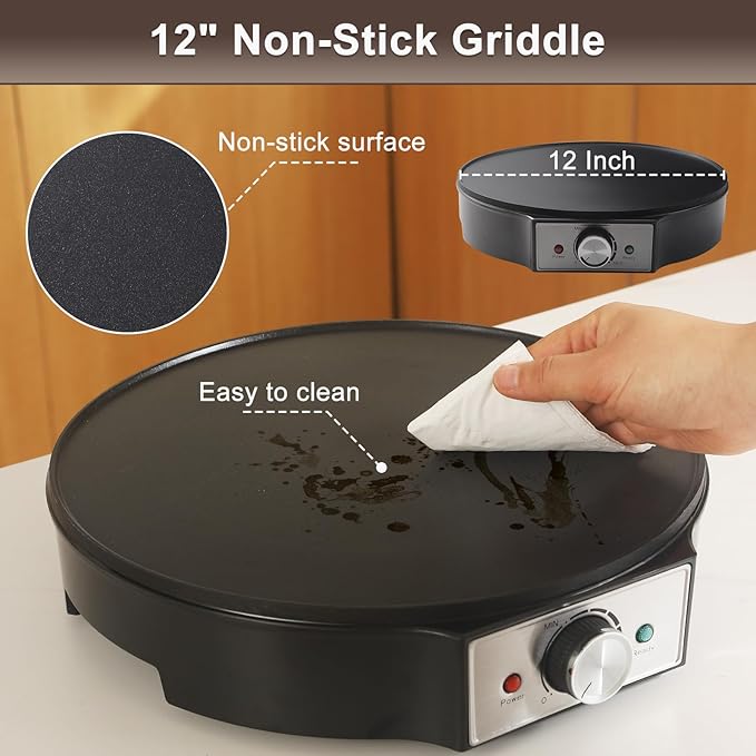 Electric Crepe Maker 12'' & Griddle - Non-Stick Pan With Spreader for Roti, Tortilla, Blintzes, Pancakes - Adjustable Temperature, 1000W