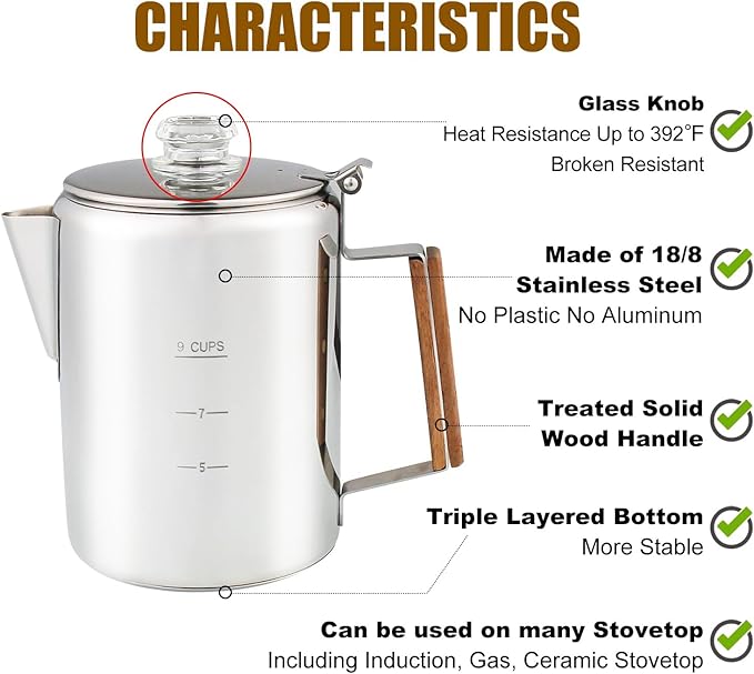 Percolator Coffee Pot Using on Induction Cooker & Campfire Stove, Stainless Steel Camping Coffee Pot Coffee Maker with Tempered Borosilicate Glass Knob Top NO Aluminum NO Plastic 9 Cup