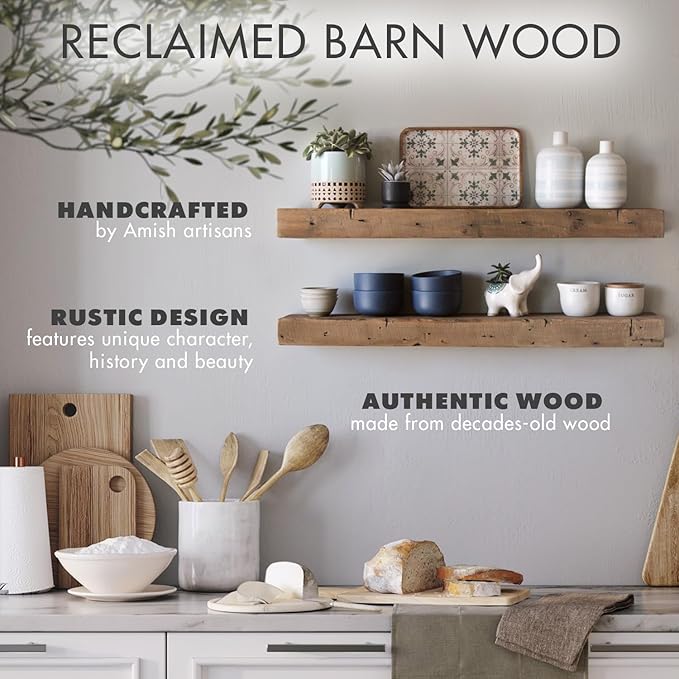 Urban Legacy Reclaimed Barnwood Planks | Floating Shelves for Wall w/Flush Mount Shelf Bracket Set Included | Set of 2 (Natural, 18"x 4.5"x 2")