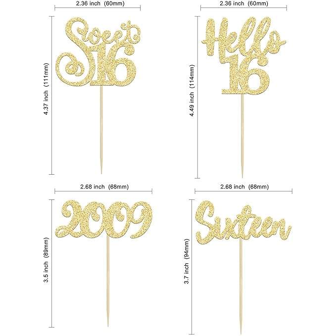 Gyufise 24pcs Sweet 16 Cupcake Toppers - Gold Glitter, Hello 16, Cupcake Picks, Cake Decorations for 16th Birthday Party Supplies