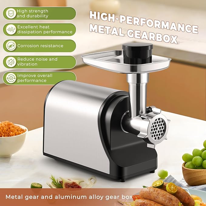 Electric Meat Grinder 3200W Heavy Duty Commercial Meat Grinders, Sausage Stuffer, Kubbe Kit with 2 Cutting Blades, 3 Grinding Plates, 3 Sausage Tubes, Metal Gearbox Meat Grinder for Home Use