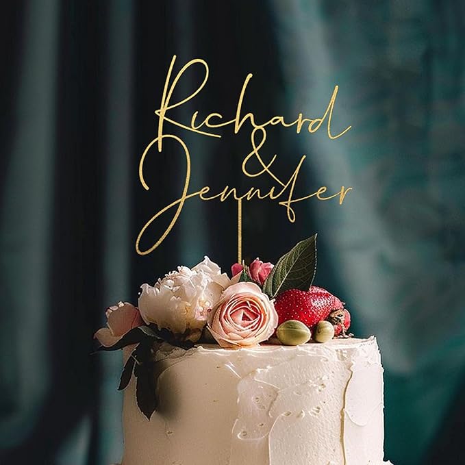 Personalized Wedding Cake Topper, Gold Cake Topper For Wedding, Rustic Weddings Cakes Topper, Personalized Acrylic or Wood Cake Decoration for Engagement, Anniversary, Bridal Shower 1