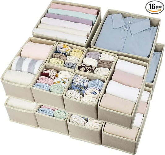 16 Pcs Drawer Organizer,Fabric Closet Organizer and Storage Baskets,Foldable Drawer Divider for Clothing,Sock,Ties,Underwear Storage,Cabinet Storage Boxes (Beige)