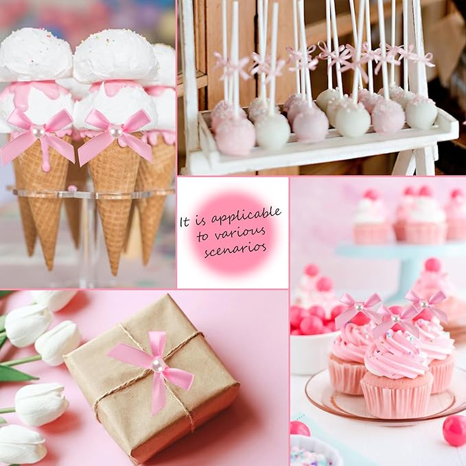 12 Pcs Mini Pink Pearl Bow Cake Toppers Pearl Bows Cake Decorations Ribbon Bowknot Birthday Cupcake Topper Pearls Bow Knot Ornament for Bachelorette Birthday Engagement Wedding Party Supplies