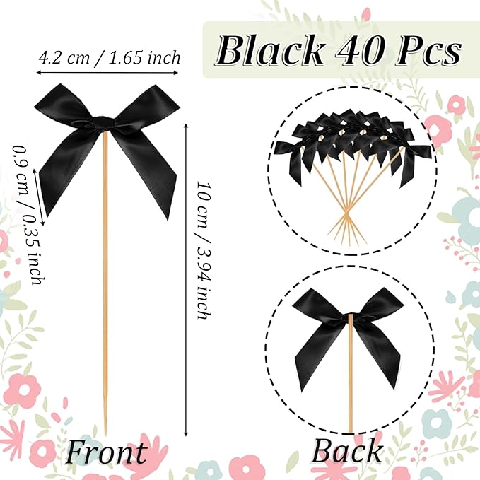 Black Bow Cupcake Toppers, 40 Pcs Bow Cake Topper Birthday Decorations Bowknot Cupcake Picks for Coquette Theme Party Decoration Bachelorette Bridal Engagement Wedding Baby Shower Party Decor