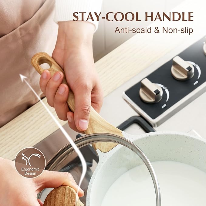 SENSARTE White Ceramic Nonstick Saucepan with Double Spout 3.0 Quarts, Cooking Pot with Stay Cool Handle, Induction Compatible Saucepot, White Granite Coating, Free of Intentionally Added PFOA/PFAS