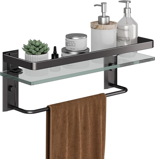 Danpoo Bathroom Wall Shelf with Towel Bar, Clear Tempered Glass, Hand Towel Holder (Matte Black)
