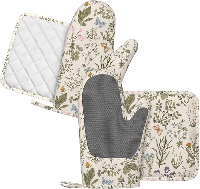 Vintage Wildflower Herbs Floral Rustic Butterfly Oven Mitts and Pot Holders Sets Silicone Kitchen Mitts Potholders Heat Resistant 4Pcs Oven Gloves Hot Pads for Kitchen Baking Cooking