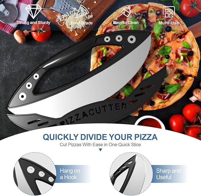 AILUROPODA 12-Inch Pizza Rocker Blade Cutter, Stainless Steel with Protective Cover, Silver