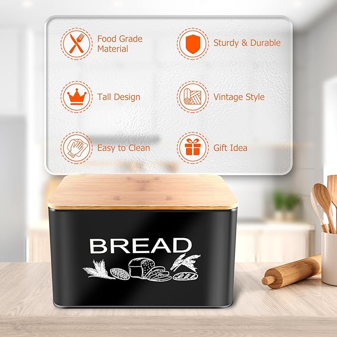 JIGUOOR Black Bread Box, Extra Large Space Saving Vertical Metal Bread Box with Wooden Cutting Board Lid, Holds 3 Loaves, Farmhouse Kitchen Bread Storage, Kitchen Parts Box 12.99" x 7.08" x 7.08"