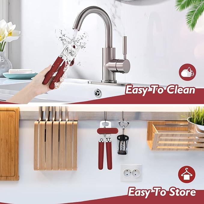 10 Colors Can Opener Manual Handheld Heavy Duty Hand Can Opener Smooth Edge Stainless Steel Can Openers Top Lid Kitchen Gadgets, Best Large Rated Easy Turn Knob, with Bottle Opener, Burgundy