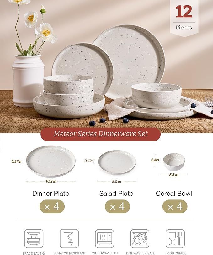 Famiware Meteor Plates and Bowls Sets for 4, 12 Pieces Dinnerware Sets, Microwave and Dishwasher Safe Dishes Set, Creamy White