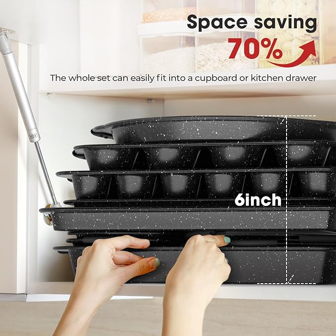 11-Piece Nonstick Baking Pan Set, Stackable Bakeware Sets, Oven Pans for Baking with Silicone Handles, Includes Cookie Sheet, Cake Pans, Loaf Pan, Pizza Pan, Muffin Pan, Black