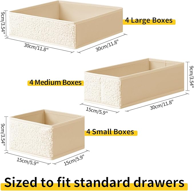Drawer Organizer Clothes - 12 Pack Dresser Organizer for Nursery, Foldable Sock Underwear Organizer, Baby Drawer Organizer, Small Fabric Storage Bins for Dresser Drawer, Beige