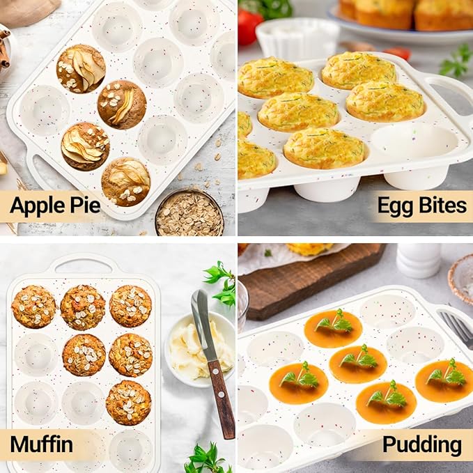 FUNBAKY Silicone Muffin Pan with Metal Frame, Nonstick 12 Cups Regular Size Silicone Muffin Tin for Oven Baking Easy to Move with Handle BPA Free