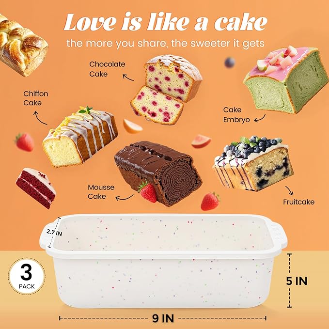 SJ Silicone Bread Loaf Pan with Metal Reinforced Frame, 9.5 x 5 in Non-stick Silicone 1 lb Loaf Pan for Baking, 3 Pack Durable Bread Pan for Oven Dishwasher Safe - Cream