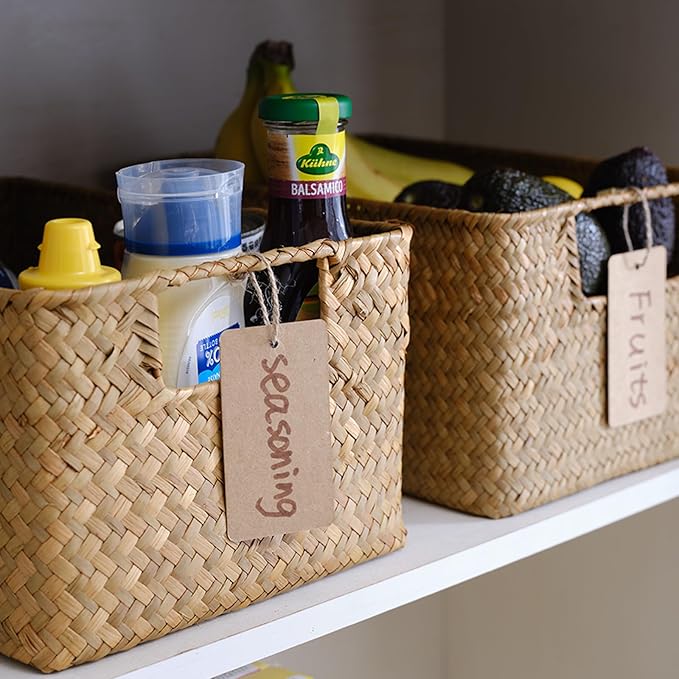 YANGQIHOME Wicker Baskets, [Set of 3] Woven Baskets for Storage, Seagrass Storage Baskets for Organizing with Built-in Handles, Open Storage Bins, Multisize, Natural