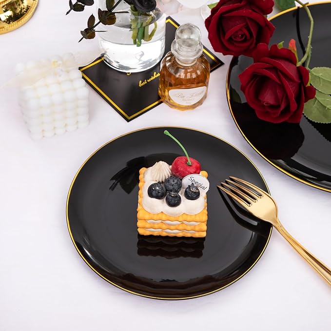 KIRE 100PCS Black and Gold Plates - Black Plastic Plates Disposable with Gold Rim for Party/Wedding/Graduation Include 50Pcs 10.25inch for Dinner and 50Pcs 7.5inch for Dessert/Salad