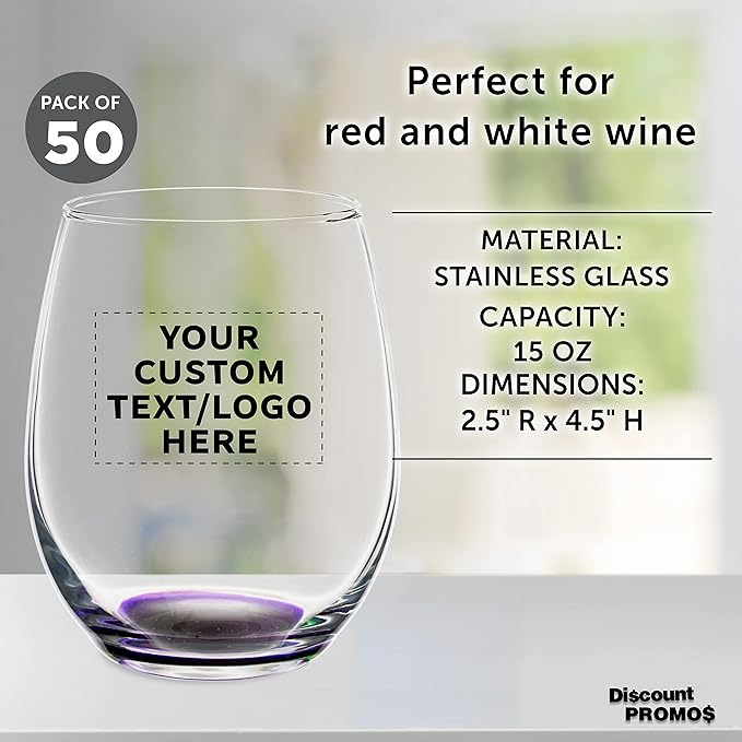 Custom Stemless Wine Glasses in Bulk by ARC Perfection, 15 oz, 50 pack, Personalized Text, Logo, Purple or White Wine Glass Set, Purple