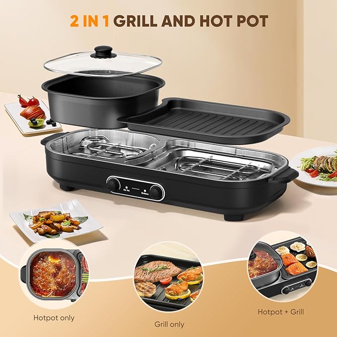 Electric Hot Pot with Grill, 2 In 1 Indoor Non-Stick Barbecue Shabu Hot Pot with Dual Temperature Control, Detachable Hot Pot and Baking Tray, Smokeless Shabu Korean BBQ Grill