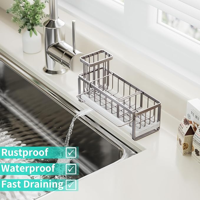 HapiRm Sponge Holder for Kitchen Sink - Self-draining Sink Caddy with Brush Holder and Dishcloth Holder, Stainless Steel Kitchen Organizer for Countertop - Brushed Nickel