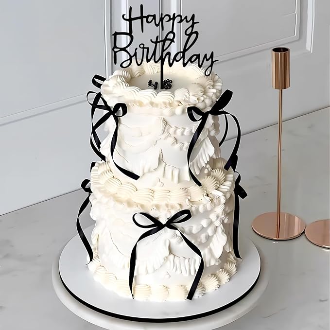 Black Bow Cake Topper Bowknot Ribbons Cupcake Toppers Bow Tie Cake Decorations Black Coquette Bows Cupcake Dessert Picks Happy Birthday Pick for Girl Birthday Princess Wedding Party Supplies 7Pcs