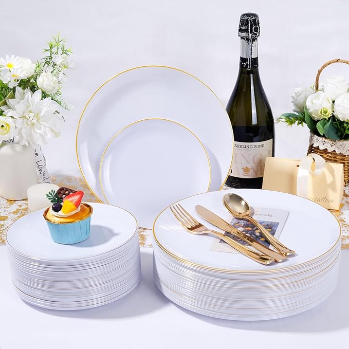 KIRE 200PCS Gold Plastic Plates - Disposable Plates for Party - White Plastic Plates with Gold Rim Include 100 for Dinner and 100 for Dessert/Salad in Wedding