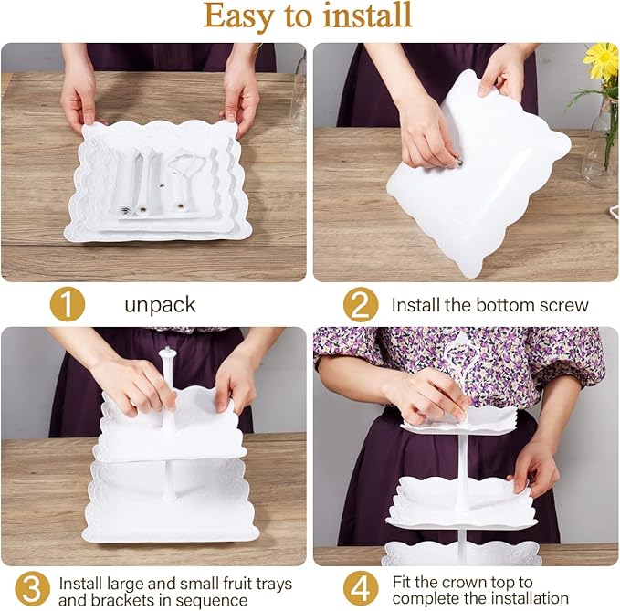 10 Pcs Cake Stand White Plastic Dessert Table Display Set 4 Pcs 3 Tired Cupcake Stand Cookie Tray Rack Serving Tray Cake Display Tower and 6 Pcs Dessert Trays for Wedding Baby Shower Tea Party