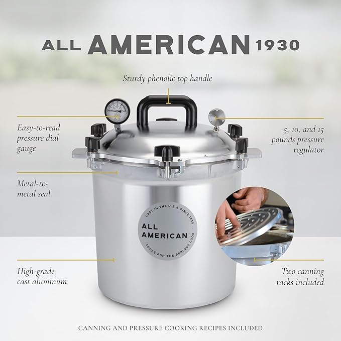All American 1930: 25qt Pressure Cooker/Canner (The 925) - Exclusive Metal-to-Metal Sealing System - Easy to Open & Close - Suitable for Gas, Electric, or Flat Top Stoves - Made in the USA