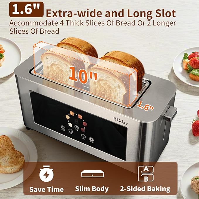 Touch Screen Smart Toaster 4 Slice, LCD Display, 1.6" Long Slot Toaster with 6 Shade Settings, Defrost, Reheat & Removable Tray, Wide Slot for Long Bread, Bagels, Waffles, 1300W, Stainless Steel