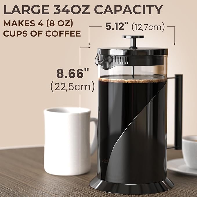 Cafe Du Chateau Stainless Steel French Press Coffee Maker - 34oz Insulated Coffee Press with 4-Level Filtration, BPA Free, Durable Glass, Great for Tea