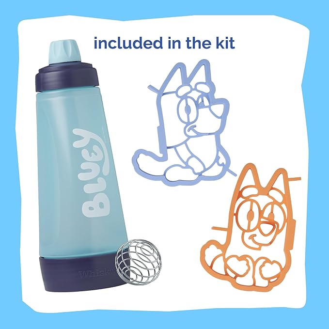 Whiskware Bluey Pancake Art Kit, 1 Batter Bottle, 2 Silicone Bluey and Bingo Pancake Molds, and 1 BlenderBall Wire Whisk, Durable, No-Mess Breakfast, BPA Free, Dishwasher Safe