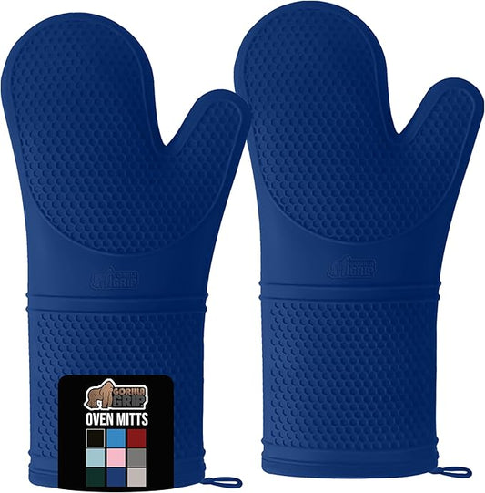 GORILLA GRIP BPA-Free Soft Silicone Oven Mitts, 14.5x8.3, Heat Resistant and Waterproof Cooking Gloves, Thick Cotton Lining, Flexible Gripping for Baking Grilling, Kitchen Potholders Set of 2, Blue