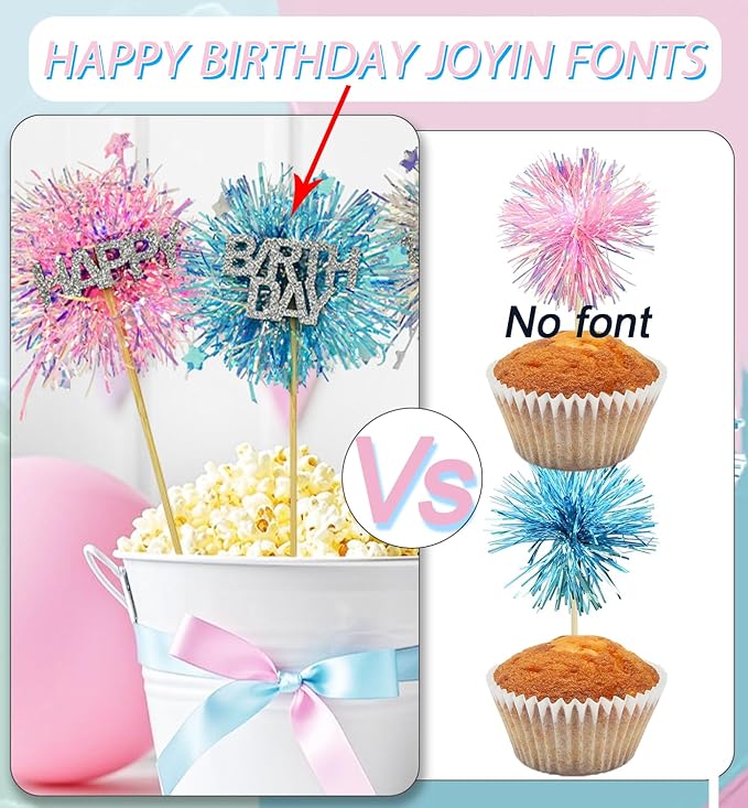 LOLStar 12 Pcs Happy Birthday Cake Toppers, Foil Firework Cupcake Toppers Blue Pink Sparkle Tinsel Drink Stirrers Cake Party Decoration, Cocktail Food Fruit Toothpick for Holiday Photo Booth Props