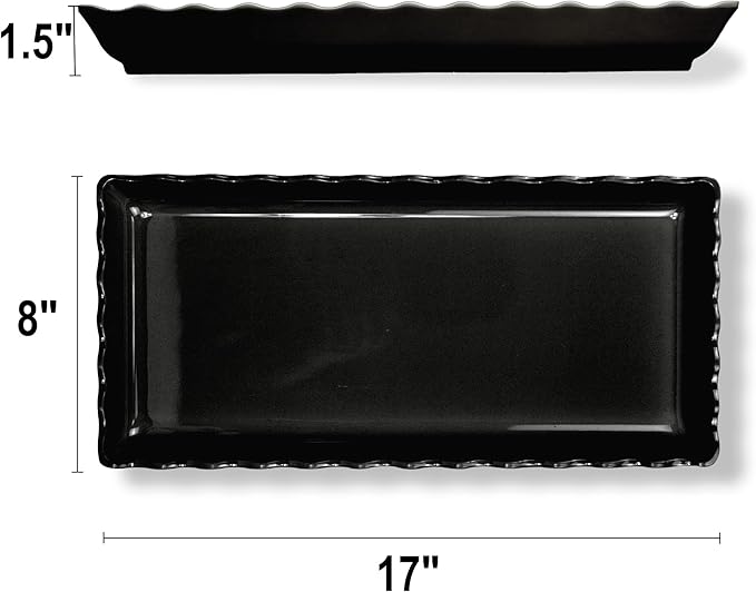 KAQAHIDO 17" x 8" x 1.5" Black Serving Tray Set, Wave Edge Melamine Platters for Cookie, Appetizer, Charcuterie, Snack, Dessert, Party Food Display, Stackable, Set of 2
