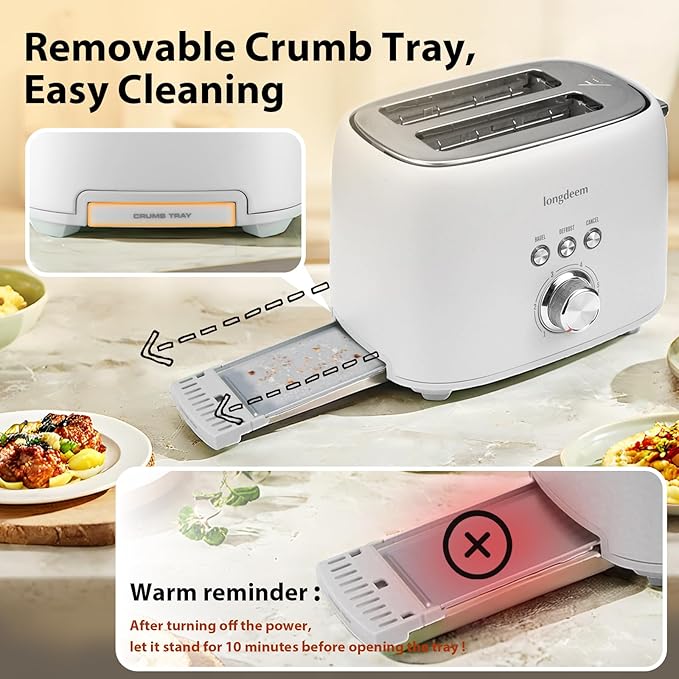 2-Slice Toaster 1.5" Extra Wide Slot Stainless Steel with High Lift Lever, 6 Presets & Bagel/Defrost/Cancel Function, Removal Crumb Tray, Under Base Cord Storage, White