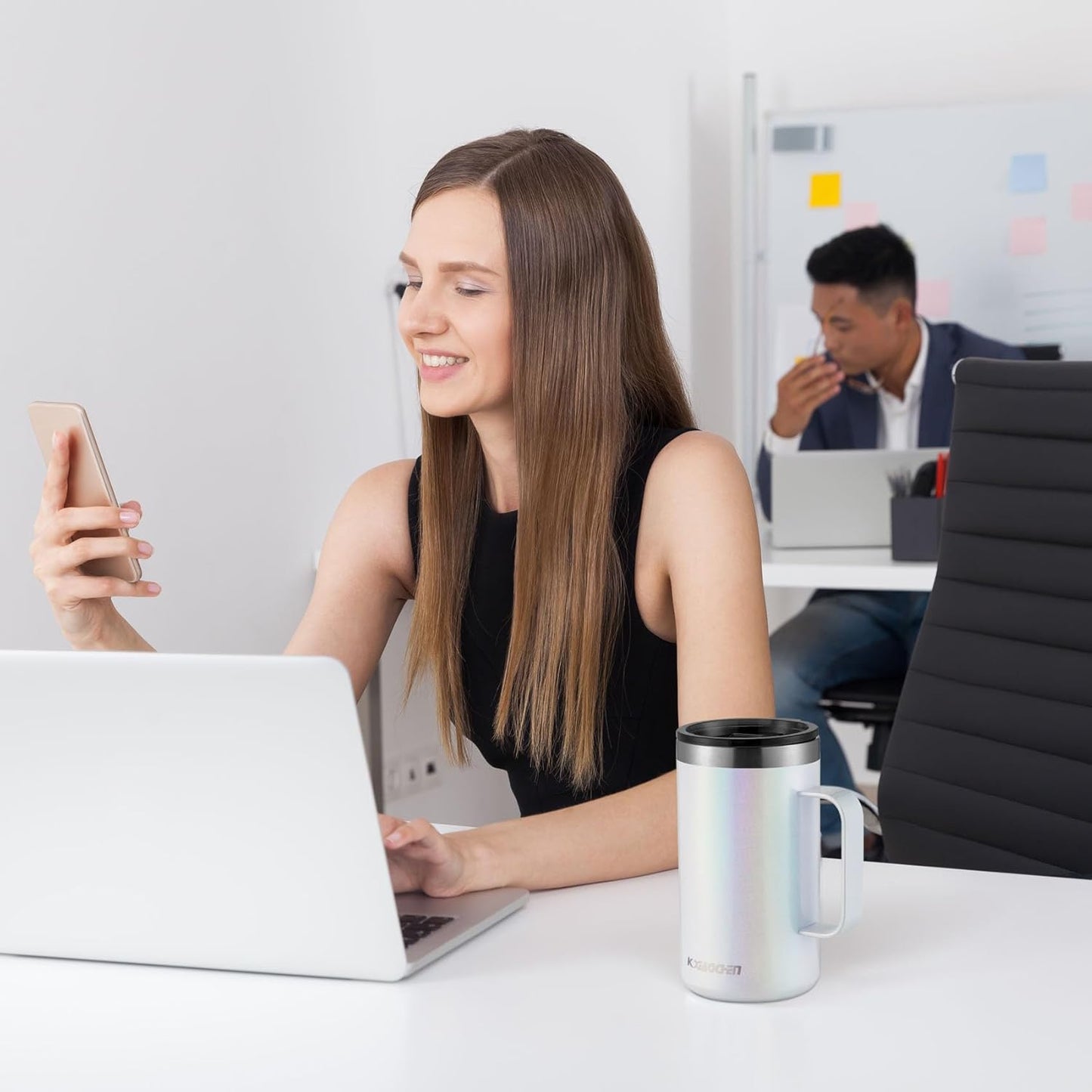 KXIAOCHEN 20oz Insulated Coffee Mug with Lid, Stainless Steel Coffee Cup, Double Wall Vacuum Coffee Tumbler with Handle, Premium Thermal Travel Coffee Mug (Pearl White)