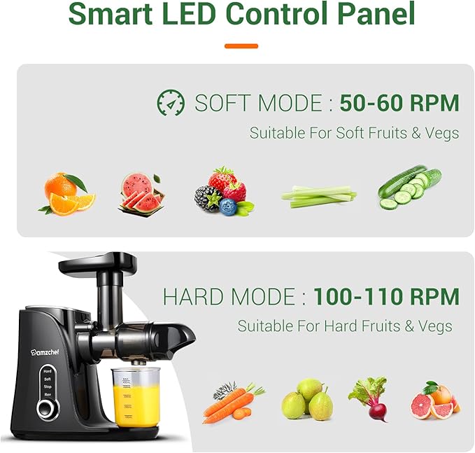 Juicer Machines, AMZCHEF Slow Cold Press Juicer with 2 Speed Modes, Travel bottles(500ML),Easy to Clean Brush & Quiet Motor for Vegetables & Fruits,Matte Black