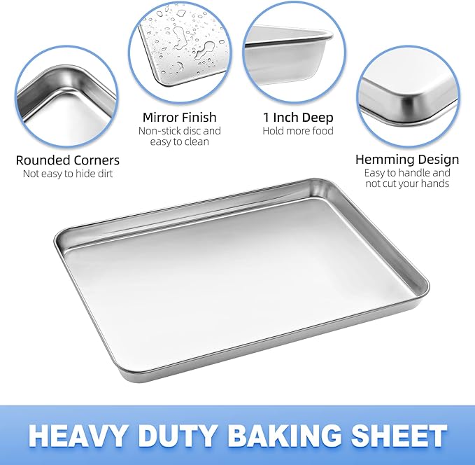 Baking Sheet with Wire Rack Set, Stainless Steel Cookie Sheet Baking Pan Toaster Oven Tray with Cooling Rack, 12.4 x 10 x 1 Inch Quarter Sheet Pan - Non Toxic & Dishwasher Safe
