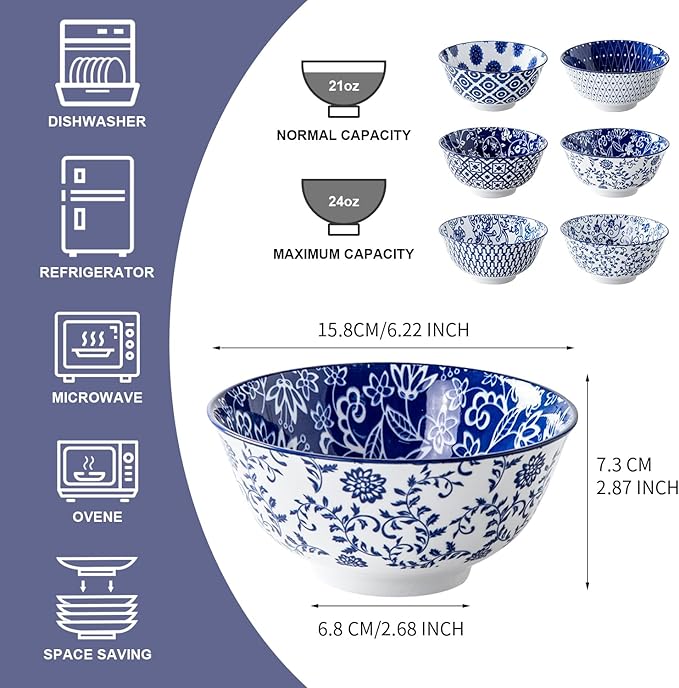 Ceramic Soup Bowls Set - 24 Oz Deep Cereal Bowl for Kitchen - 6 Inch Large Porcelain Dinner Bowl Eating Salad Pasta Dessert Oatmeal - Microwave Dishwasher Safe - Set of 6 - Vintage Blue