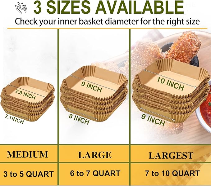 10 Inch Largest Square Air Fryer Disposable Paper Liner, XXL 100Pcs Air Fryer Parchment Liners for 8QT or Bigger Air Fryer, Non-stick, Food Grade Baking Paper for Frying, Roasting and Microwave