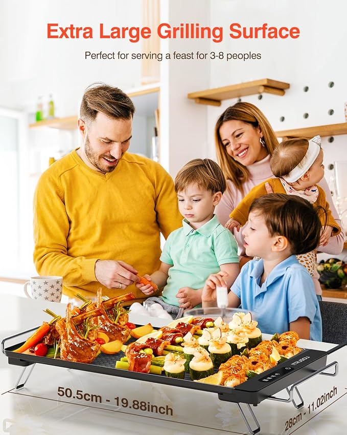 Electric Griddle with Removable Touch Panel, IPX9 Waterproof, Dishwasher-Safe, 1300W Fast Heating in 10S, 18x10" Die-Cast Nonstick Plate, Foldable Design for Family Use (4–8 People)