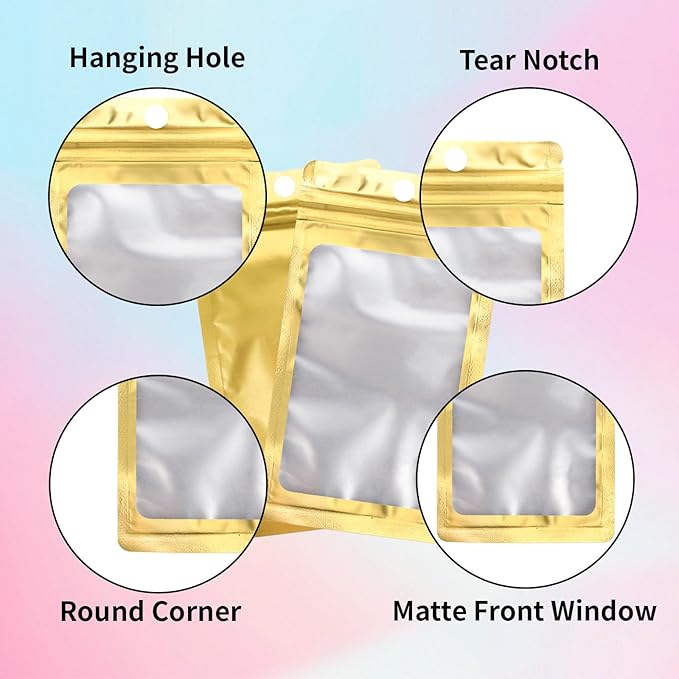 200 Pack Resealable Mylar Holographic Bags Food Storage Smell Proof Bags with Front Window Foil Packaging Pouch for Candy Sample Jewelry Small Business 3.15×5.51 Inch, Gold