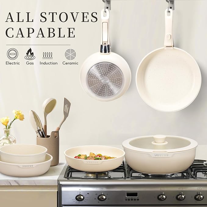 JEETEE Pots and Pans Set Non Stick 19 Pcs, Cookware Set Detachable Handle, RV Kitchen Cooking Set Removable Handles, Stackable Non-stick Set, Oven Safe, Beige