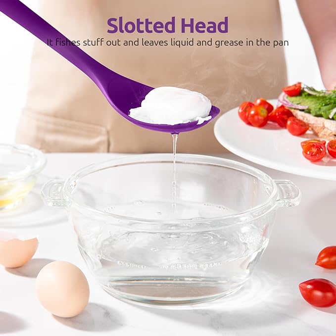600ºF Heat Resistant Slotted Spoon: U-Taste 13.3in Solid Kitchen Cooking Spoon, Nonstick Food Grade Large & Long Rubber Utensil for Mixing, Serving, Stirring, Basting, Frying, Draining (Purple)
