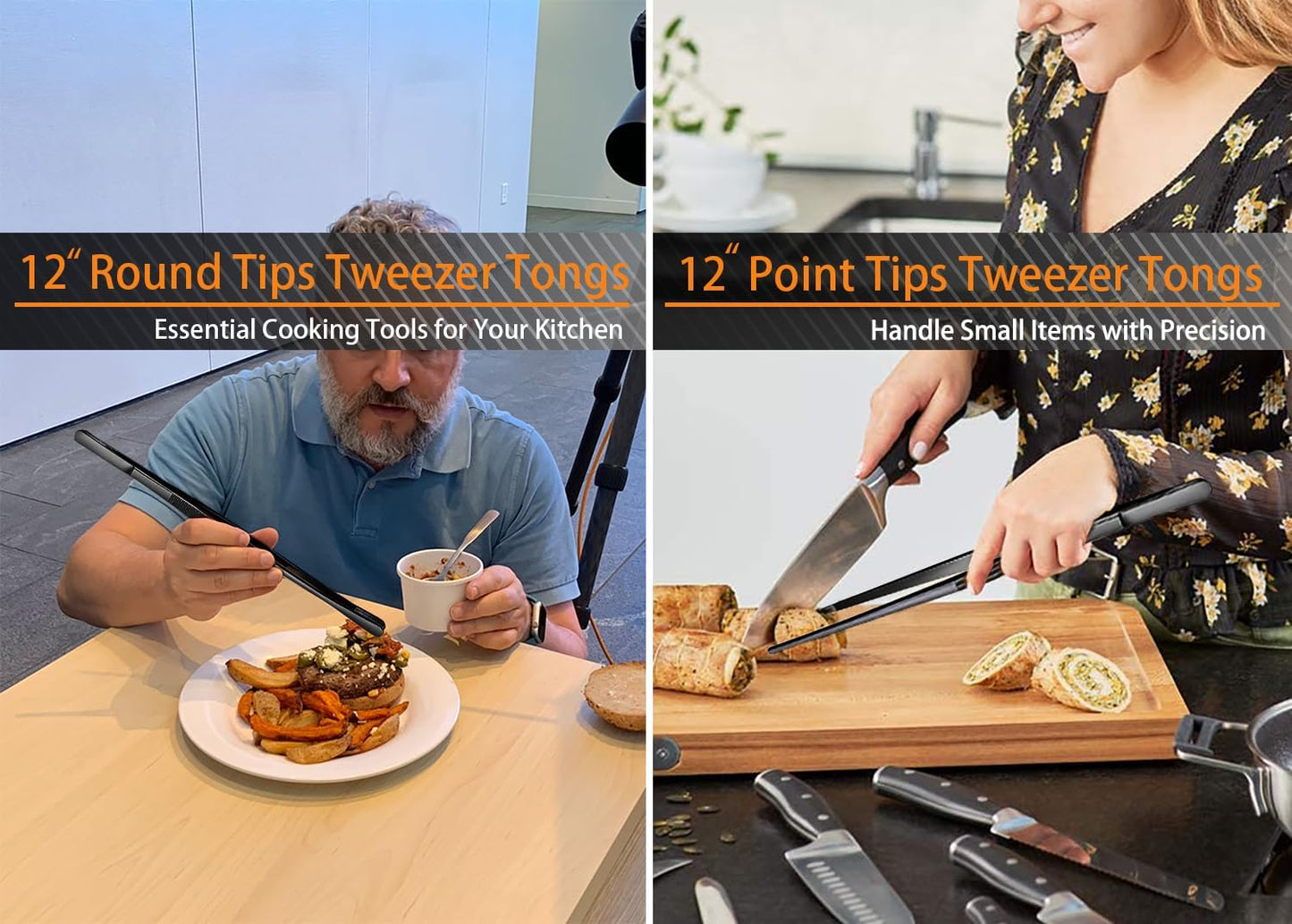 JETKONG 6 Pcs Cooking Tweezer Tongs, 12'' and 6.3" Stainless Steel Kitchen Tweezer Set, Professional Chef Tweezers for Cooking, Repairing, Sea Food, BBQ, Multi-use (Black)