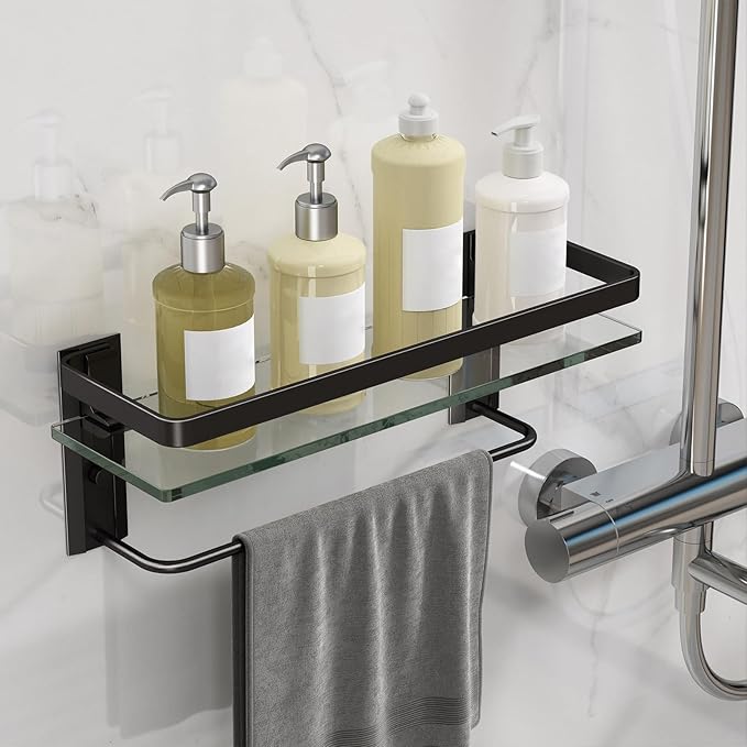 Danpoo Bathroom Wall Shelf with Towel Bar, Clear Tempered Glass, Hand Towel Holder (Matte Black)
