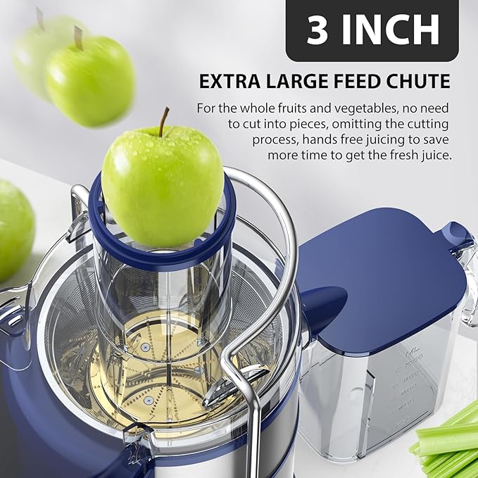 1300W KOIOS Centrifugal Juicer Machines, Juice Extractor with Extra Large 3inch Feed Chute, Full Copper Motor, Titanium-Plated Filter, High Juice Yield, 3 Speeds Mode, Brush included, Non-BPA, Blue