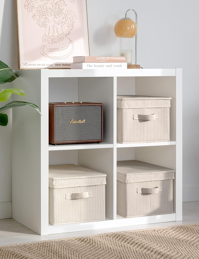 StorageWorks Large Storage Bins with Lids, Decorative Storage Boxes with Lid and Handles, Foldable Storage Baskets for Closet, Shelves, Stackable, Khaki Stripe, 3-Pack