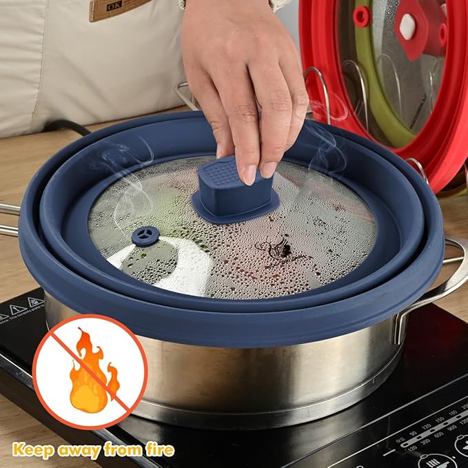 Microwave Splatter Cover Glass Cover Guard Lid with Collapsible Silicone for Food Pot Plate Cover 11.8 inch Dark Blue